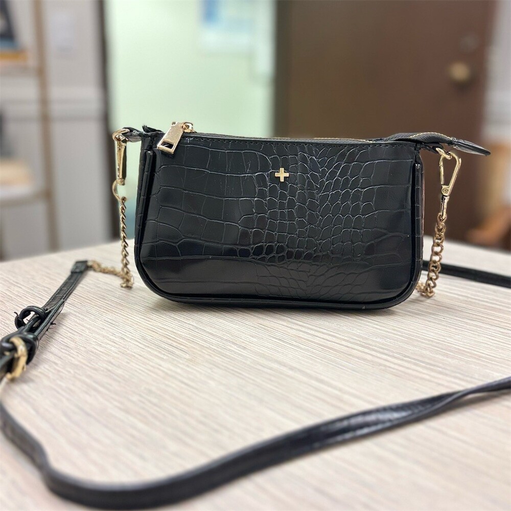 Peta + Jain Crossbody Shoulder Bag Womens Small Black Croc Embossed Gold